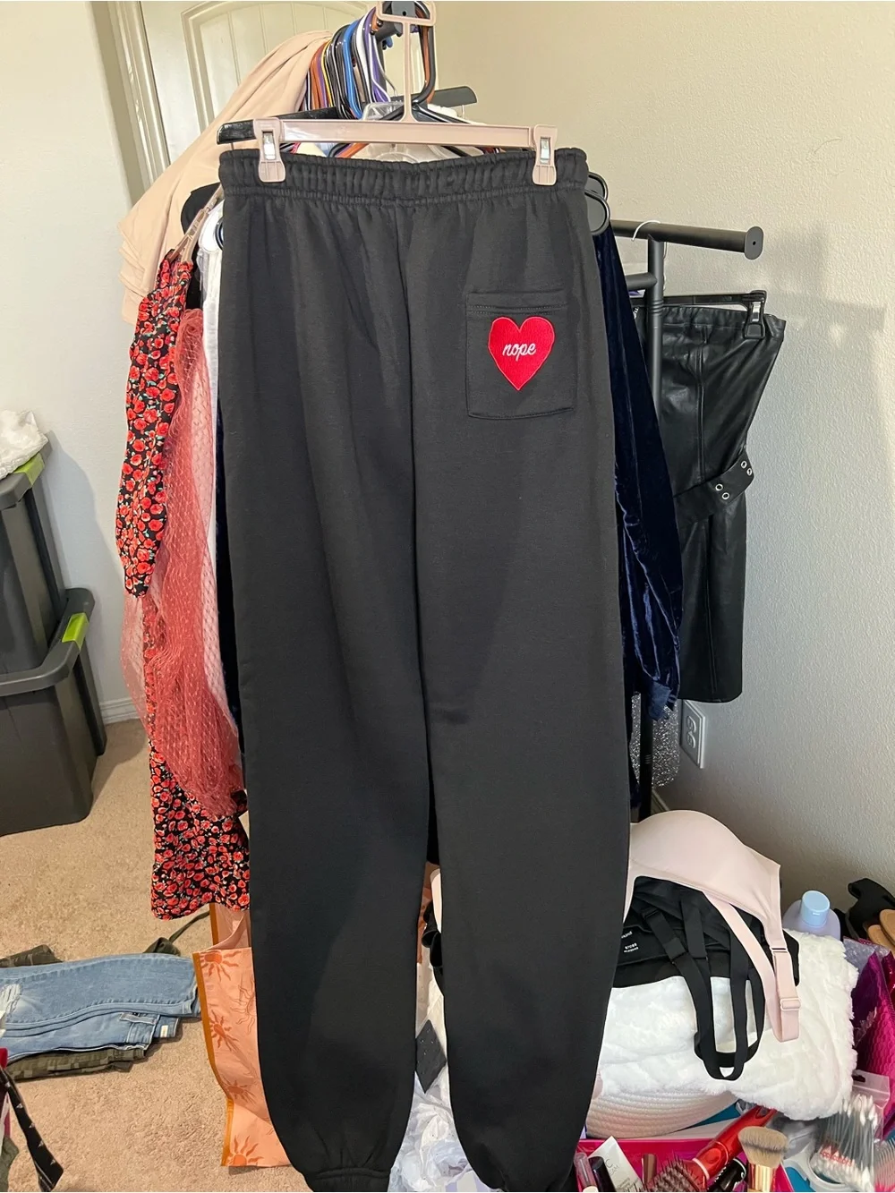 Boohoo Black Joggers with Red Heart Pocket Patch